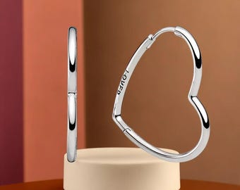 Silver Loved Heart Earrings Silver Heart Hoop Earrings Big Heart Earrings Minimalist Earrings