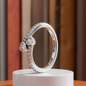 Tvillinghjärtring, 925 sterlingsilver med gnistrande CZ, symbol för kärlek och vänskap, present till kvinnor