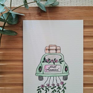 Hochzeitsgruß Aquarellkarte, Hochzeitsauto mit Blumen (A6)
