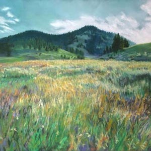 May include: A painting of a grassy field with a mountain range in the background. The sky is a light blue with white clouds. The grass is a variety of greens and yellows.