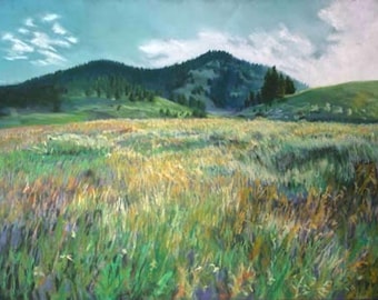 May include: A painting of a grassy field with a mountain range in the background. The sky is a light blue with white clouds. The grass is a variety of greens and yellows.