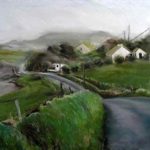 May include: A winding road leads through a misty green landscape to a small white cottage with a gray roof. The cottage is surrounded by lush green trees and bushes. The sky is a soft gray, and the air is thick with fog.