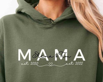 Personalisierter Mama Hoodie mit Namen und Jahr, individuelles Mama-T-Shirt Geschenk, werdende Mutter, Ankündigungsgeschenk, individuelles Muttertags-Sweatshirt