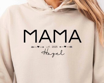 Bluza z kapturem Mama z imieniem i rokiem, spersonalizowany prezent w postaci koszulki dla mamy, prezent z okazji ogłoszenia o narodzinach przyszłej mamy, spersonalizowana bluza z kapturem na Dzień Matki