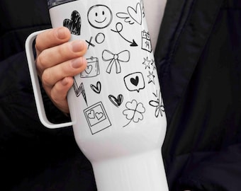 Vaso con diseño de doodle de San Valentín, taza de apoyo emocional, vaso de café con tapa, taza de viaje de 40 oz, taza para amantes del café, regalo de San Valentín