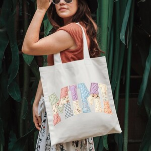 Faux Patchwork Floral Mimi Tote Bag,Faux Embroidered Mom Tote Bag,Varsity Mom Bag,Patchwork Mimi Bag,Cottagecore Floral Gift, DTF Printed
