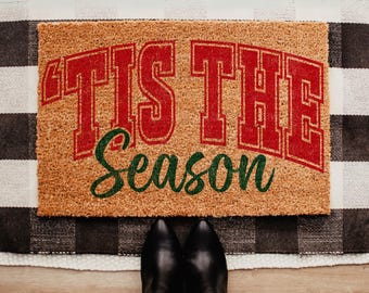 Tis The Season Christmas Doormat, Christmas Decor, Santa, Christmas Tree, Coffee, Winter Door Mat for Winter Decorations,Holiday Welcome Mat