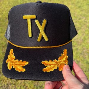 Texas TX Trucker Hat Black & Gold Embroidered Cap Snapback | Vintage-Inspired Texas Hat | Statement Patch Hat