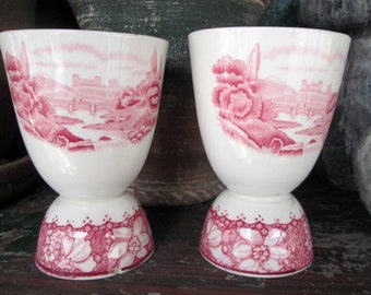 Pair English Transferware Eggcups/Cranberry Pink/Cottage