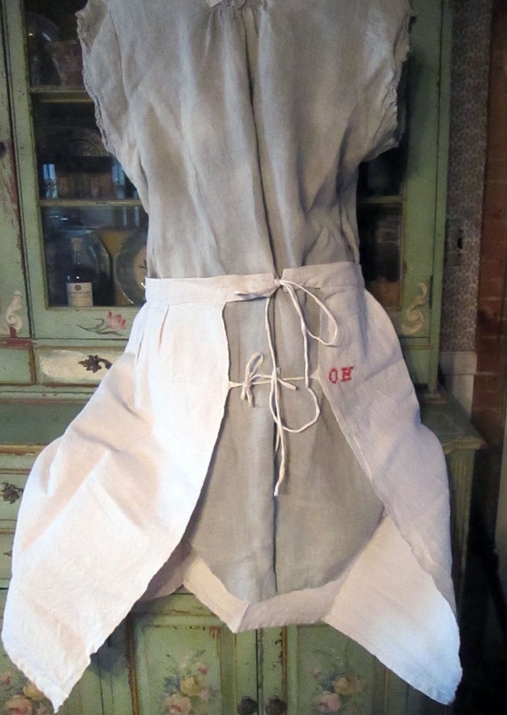 Vintage 50s French Apron Linen Hemp Mend Peasant Country