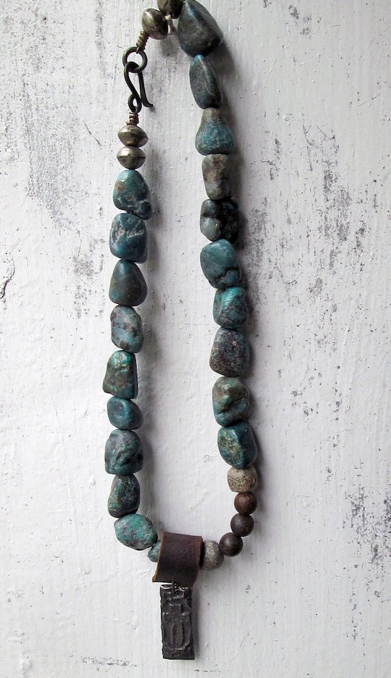 SALE/Vintage Stone, Leather and Metal Necklace/Han