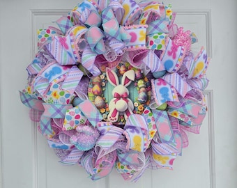 Handmade Easter wreath, 24-inch wall decor, spring door,pastel colors
