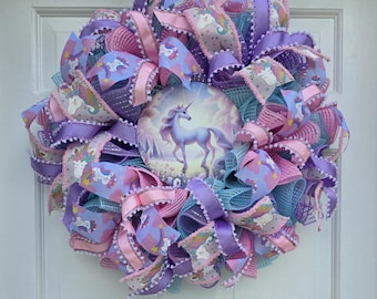 Handmade Deco mesh ribbon Wreath 24 Inch, Girls Room Decor, Fairy Tale Wall Hanging Bedroom door decor
