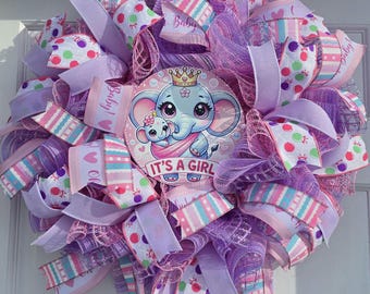Handmade Deco Mesh wreath pastel colors gender reveals Girl Elephant Door Decor, 24-in