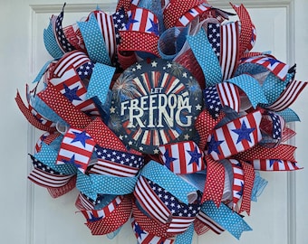 Handmade deco Mesh Wreath 4th of July, Patriotic Red White Blue Door Decor, Ribbons