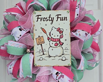 Handmade Deco Mesh Wreath Kitty Lover Pastel colored, Christmas 24-inch
