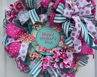 Handmade Deco Mesh Wreath, Mother's Day Floral Door Decor, Glittered Ribbon Accent