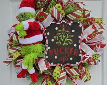 Handmade deco mesh wreath Green Monster Christmas, Traditional, Door decor wall art 24-inch
