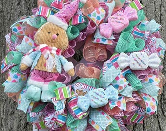 Handmade Deco mesh wreath, pastel candy Christmas themed 24-inch Gingerbread girl