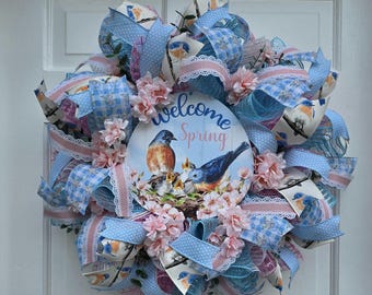 Handmade Deco Mesh Spring Wreath, Pastels pink, blue Floral Eucalyptus Door Decor