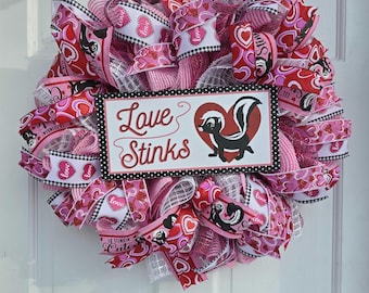 Deco Mesh handmade wreath Valentine's Day Skunk Ribbon Front Door Hanging, 24-inch