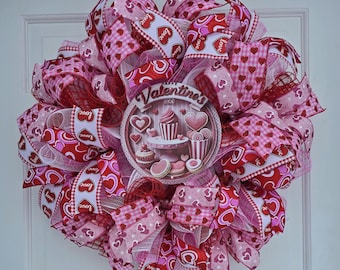 Handmade Deco Mesh Wreath Wall or Front Door Decor 24-inch, Heart Theme, Red Pink Hearts, Valentines Day