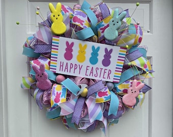Handmade Easter wreath pastel colored peeps  for  wall decor door Decor (24-inch)
