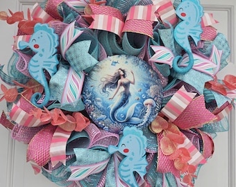 Handmade Deco Mesh Wreath: Pink, Blue, Underwater Theme Mermaid wall art Bedroom door decor