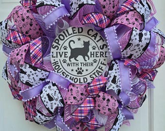 Handmade Deco Mesh Wreath Cat Lovers Front Door Decor, Housewarming Gift, Pastel Colors Pink Purple 24-inch