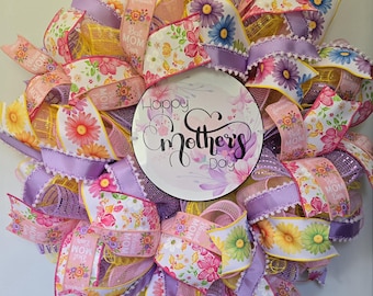 Handcrafted deco mesh ribbon wreath Mother's Day, front door decor, wall art, 24 inches, floral pastel colors, gift for mom