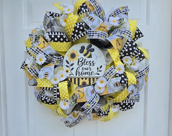 Handmade Bee Lovers Wreath, Spring Floral Door, Yellow Black White Polka Dot Ribbons, 24-Inch