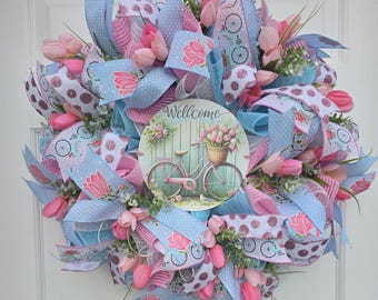 Handmade 24 Inch Spring Wreath, Pastel Tulips, Eucalyptus, Floral Ribbon Door Decor