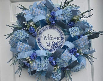 Handmade Welcome Blue Lovers Spring Floral wreath for everyday wall decor door Decor (24-inch)