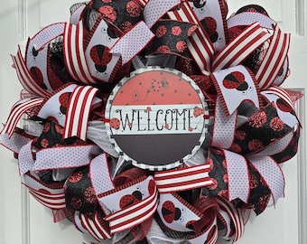 Gran corona hecha a mano con mariquitas y lunares para la puerta principal, 61 cm (24 pulgadas), decoración de bienvenida para primavera y verano.