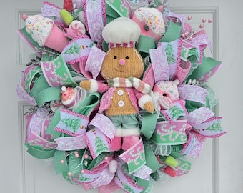 Handmade Deco Mesh wreath Pastel Christmas with Gingerbread Girl Candyland Decor 24 in