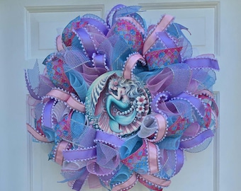 Deco mesh Wreath Mermaid themed pastel colors wall and door Decor 24-inch