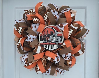 Deco Mesh Wreath, Handmade Cleveland Football 24-Inch Door Decor, Traditional Team Colors,