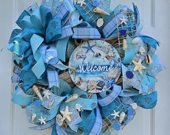 Coastal Deco Mesh Wreath, Handmade Large Front Door Decor Beach Themed