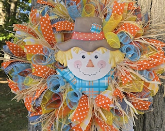 Handmade Deco Mesh Wreath, 24 Inch Rustic Autumn Fall Door Decor, Scarecrow themed