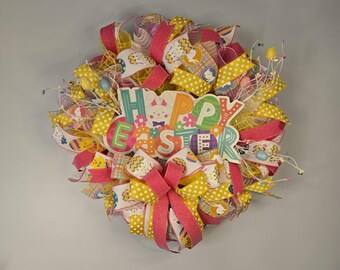 Deco Mesh Decorative wreath handmade wall front door decor, 24-inch Easter pastel colored