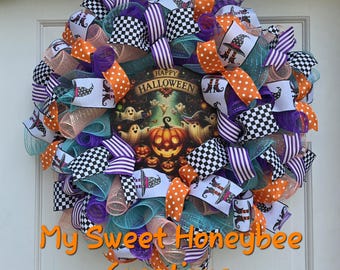 Large Handmade Halloween Wreath Deco Mesh, Ribbon, Happy Halloween Sign Front Door Decor, Fall Wall Art, Festive Fall Wreath, Unique Design