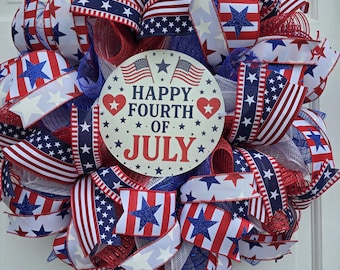Handmade Deco Mesh Wreath 24 Inch Door Decor Patriotic 4th of July Red,white,blue Glitter stars stripes Independence Day