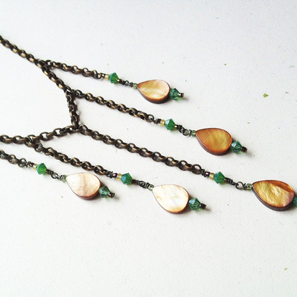 The Tracks of My Tears Necklace, Handmade, Shell, Crystal, Bronze, Green, Vintage Chain, Salvaged, One of a Kind