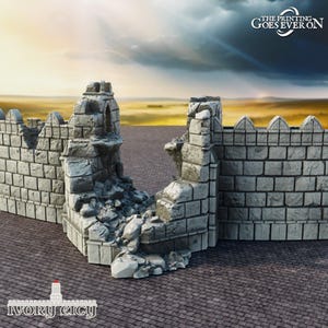 May include: A weathered stone castle wall with a damaged section, revealing a glimpse of the sky. The wall is constructed from grey bricks and has a crenellated top. The text "THE PRINTING GOES EVER ON" is visible, along with "IVORY CITY" at the bottom.