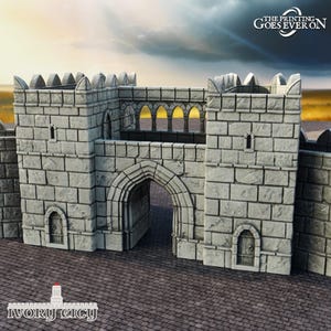 May include: A light grey stone castle gate model with an arched entrance and decorative battlements. The model includes small windows and a bridge section with arched openings. The text "THE PRINTING GOES EVER ON" is visible in the upper right corner.