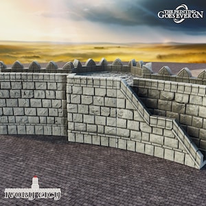 May include: A detailed model of a castle wall with a stone brick design. The wall features a curved section, a staircase, and decorative crenellations along the top. The sky in the background transitions from yellow to grey. The text "THE PRINTING GOES EVER ON" is visible.