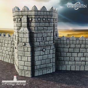 May include: A model castle tower and wall made from grey stone blocks. The tower has a crenellated top and arched windows. The image includes the text "THE PRINTING GOES EVER ON" and "IVORY CITY".