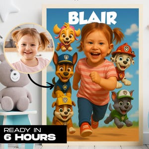Retrato personalizado de la Patrulla Canina: Arte digital estilo Pixar, decoración para habitación infantil (descarga digital)
