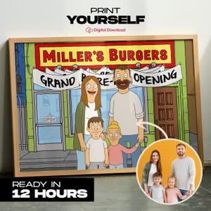 Custom Bob&#39;s Burgers Cartoon Portrait, Personalized Family Couple or Friends Illustration, Digital Download Gift for Birthday