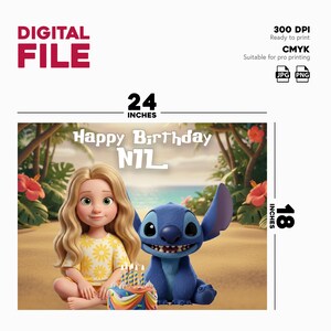 May include: A digital file featuring a cartoon illustration of a girl and a blue alien character, with a birthday cake. The image is labeled "Happy Birthday N7L" and measures 24 x 18 inches.